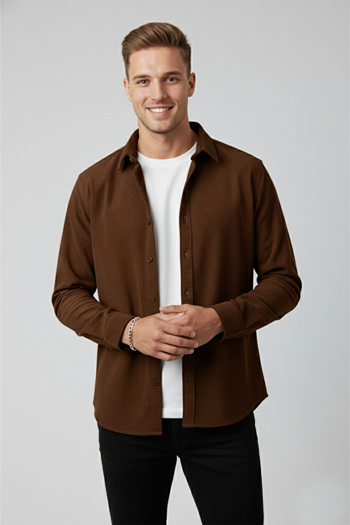 DeepSEA Erkek Kiremit Kadife Fitilli Rahat Kesim Gömlek Yumuşak Dokulu Likralı Kadife Gömlek 2600758