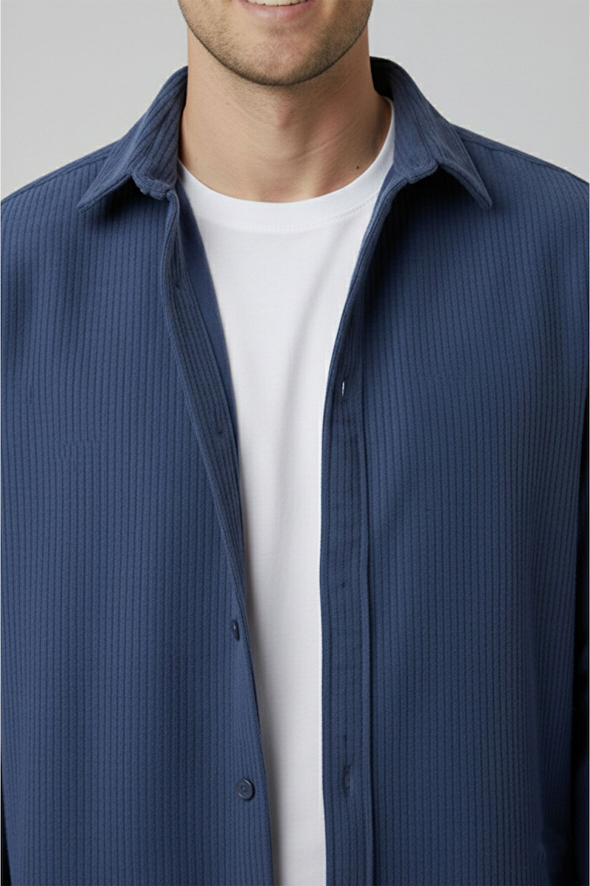 DeepSEA Erkek Mavi Kadife Fitilli Rahat Kesim Gömlek Yumuşak Dokulu Likralı Kadife Gömlek 2600758