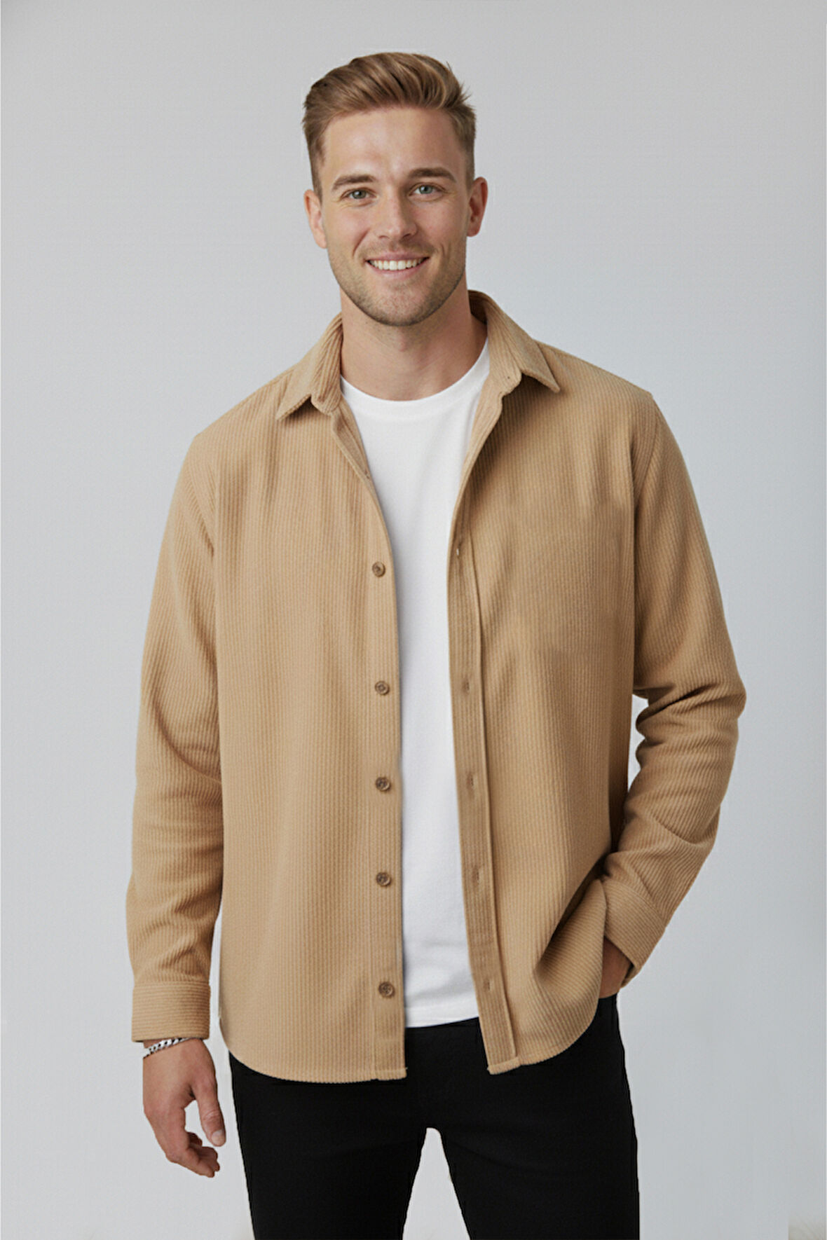 DeepSEA Erkek Camel Kadife Fitilli Rahat Kesim Gömlek Yumuşak Dokulu Likralı Kadife Gömlek 2600758