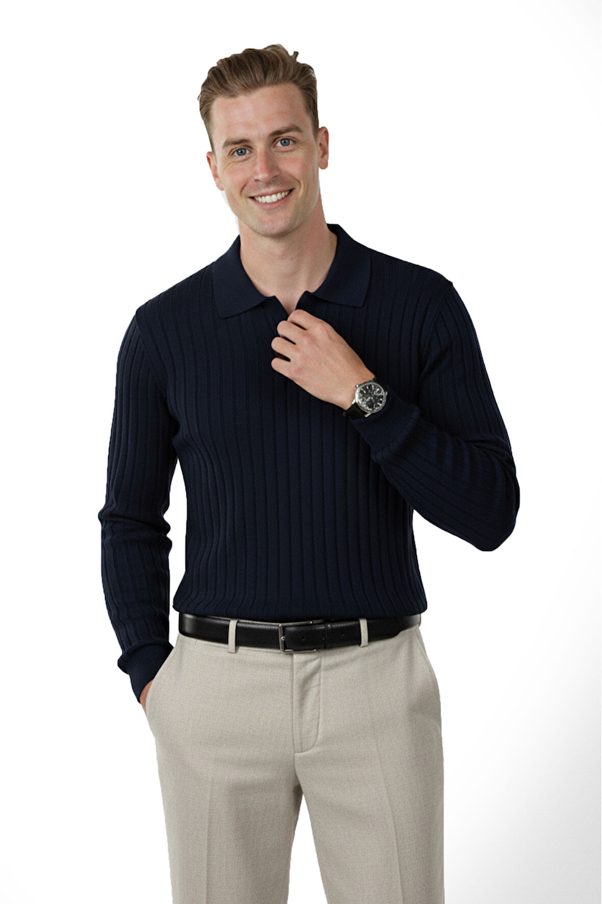 DeepSEA Erkek Lacivert Polo Yaka Fitilli Triko Kazak – %100 Pamuk, Esnek Dokulu, Modern Kalıp 2605305