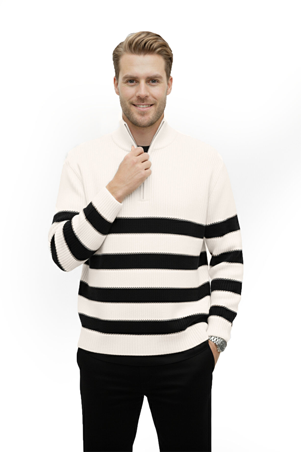 DeepSEA Erkek Ekru Yarım Fermuarlı Oversize Kesim Triko Kazak Pamuklu Yumuşak Örgü Çizgili Kazak 2608513