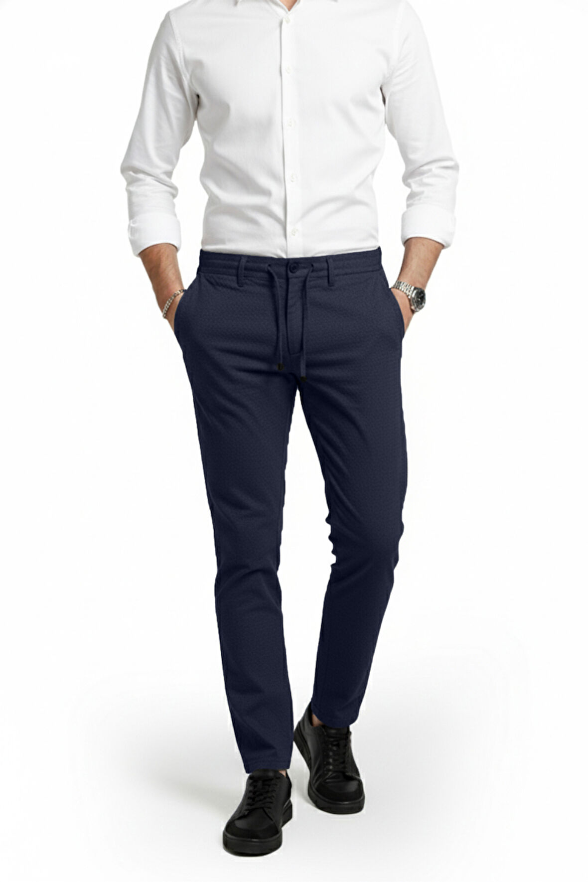 DeepSEA Erkek Lacivert Likralı Gofre Kumaş Beli Lastikli İpli Slim Fit Günlük Pantolon 2600650