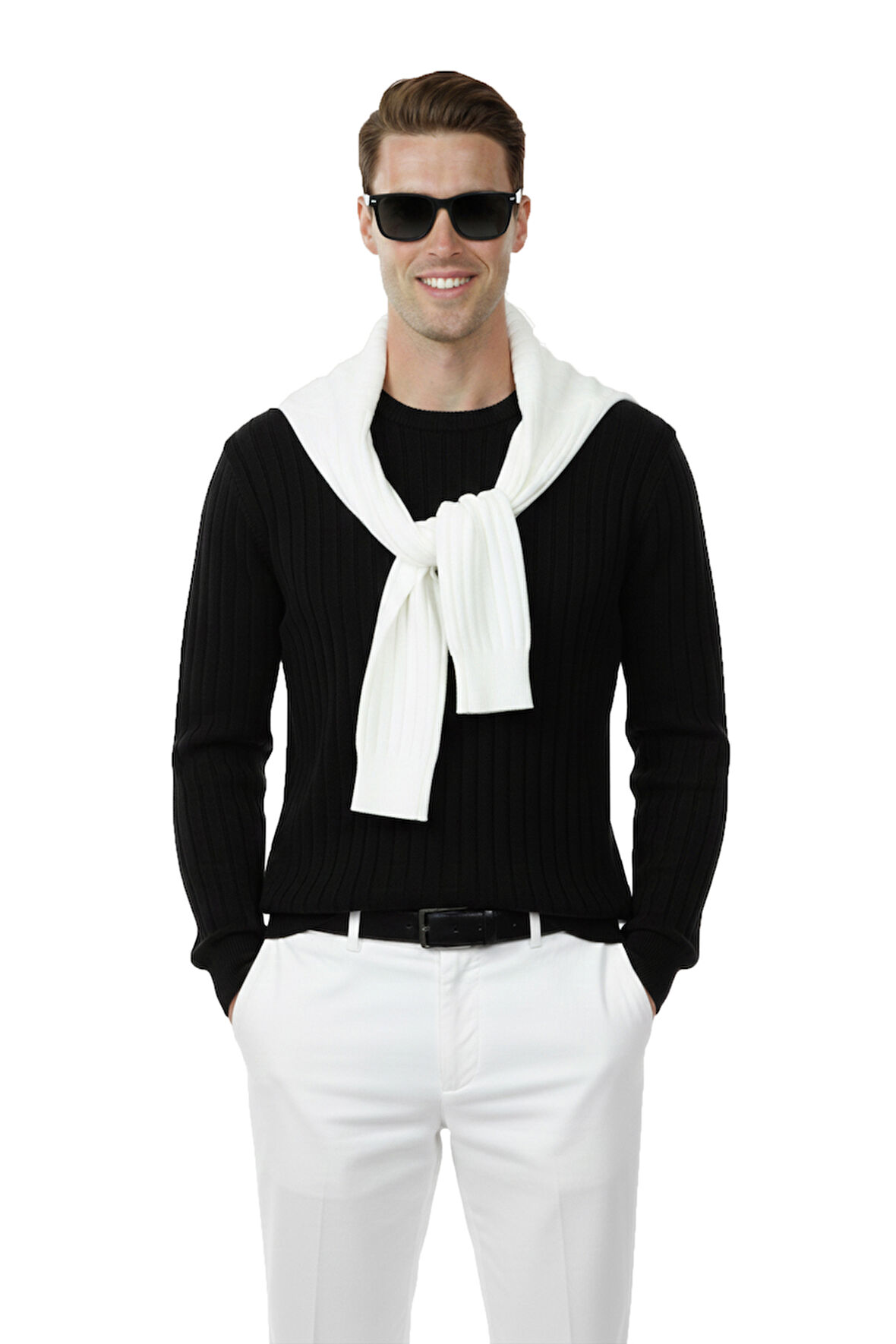 DeepSEA Erkek Siyah Rahat Kalıp Çizgi Dokulu Triko Kazak – Şık & Modern Tasarım 2605432