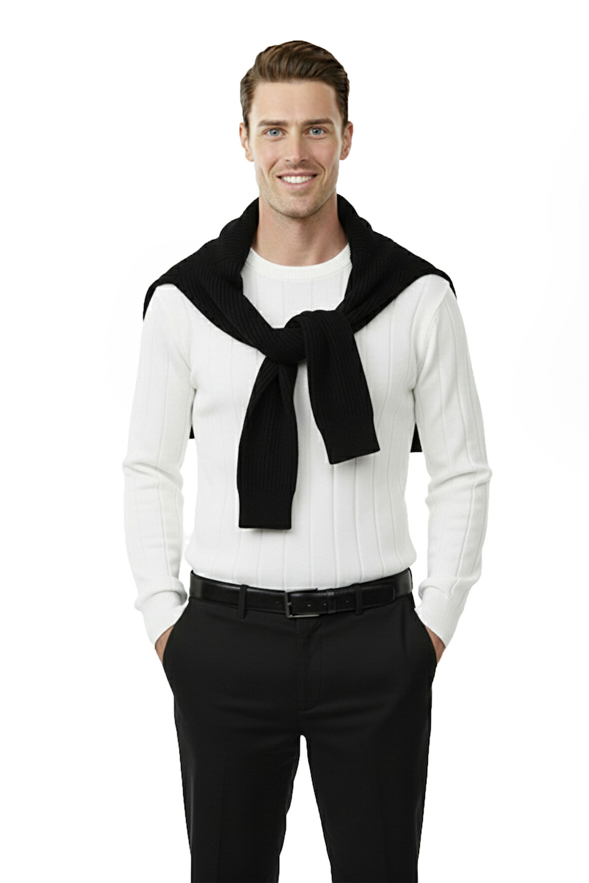 DeepSEA Beyaz Dar Kesim Likralı Erkek Triko Kazak – Bisiklet Yaka Şık Tasarım 2605433