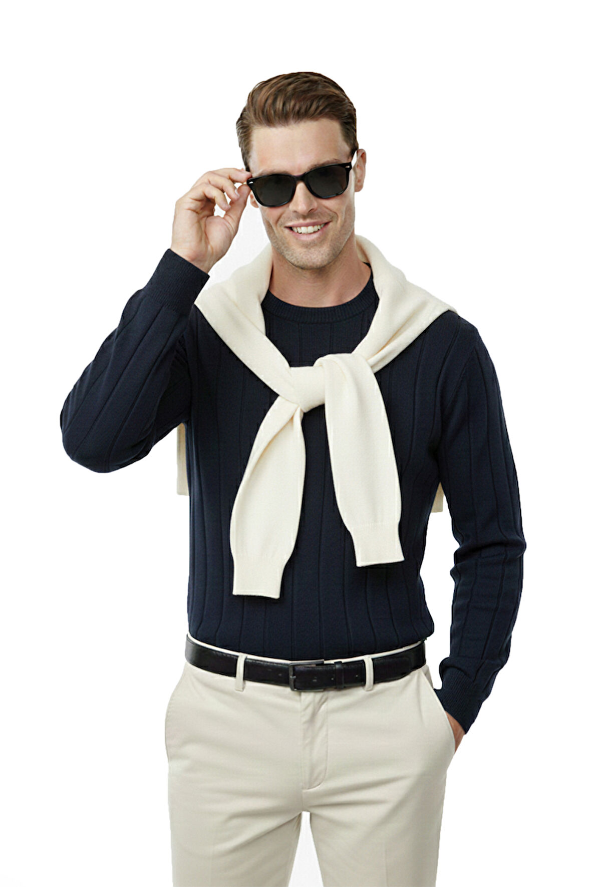 DeepSEA Lacivert Dar Kesim Likralı Erkek Triko Kazak – Bisiklet Yaka Şık Tasarım 2605433