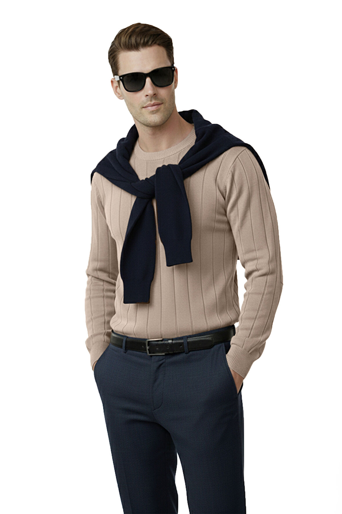 DeepSEA Bej Dar Kesim Likralı Erkek Triko Kazak – Bisiklet Yaka Şık Tasarım 2605433