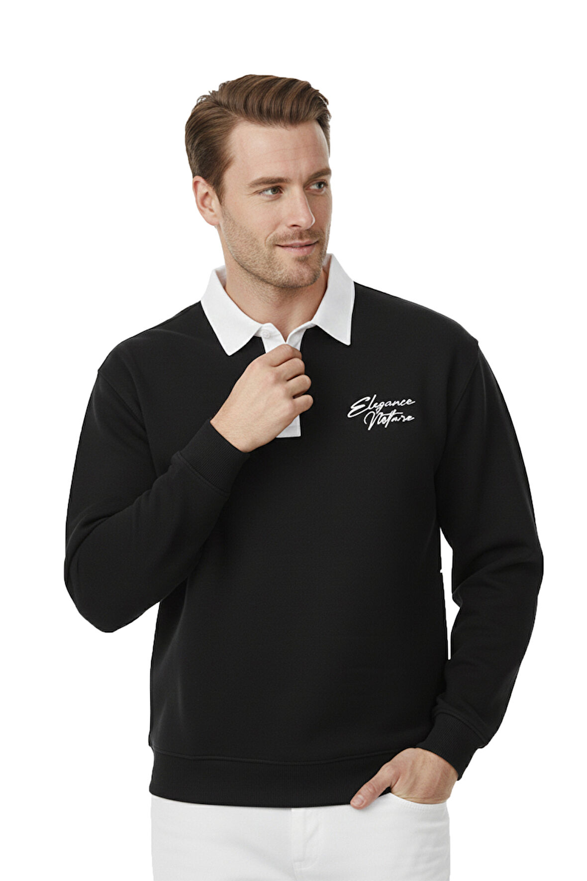 DeepSEA Erkek Siyah Relax Fit İçi Polarlı Polo Yaka Sweatshirt – Pamuklu Kalın Sweatshirt 2600762