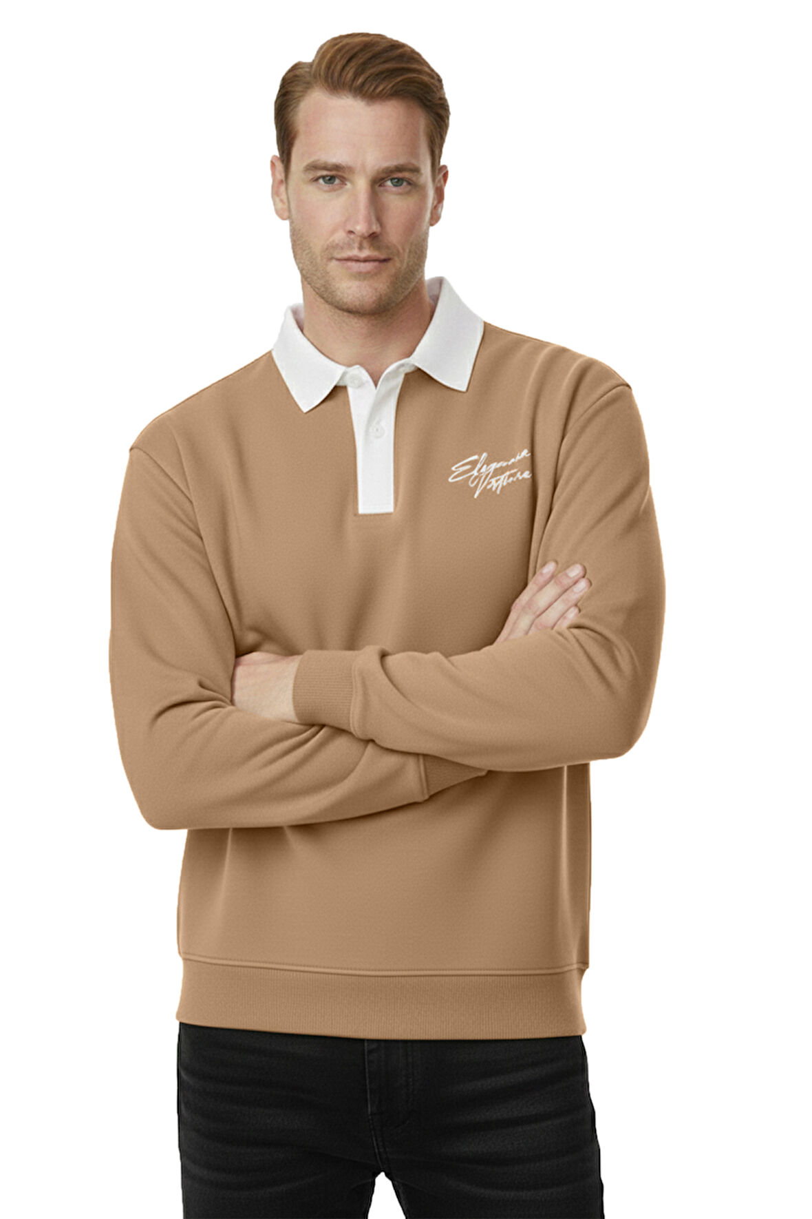 DeepSEA Erkek Camel Relax Fit İçi Polarlı Polo Yaka Sweatshirt – Pamuklu Kalın Sweatshirt 2600762