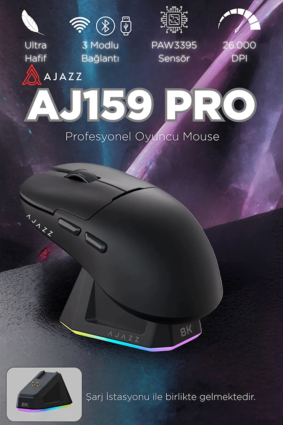 Aj159 Pro Kablosuz (3 MODLU) 800 Hz-2600dpı Oyuncu Mouse Paw3395 Sensör Rgb Şarj Istasyonu