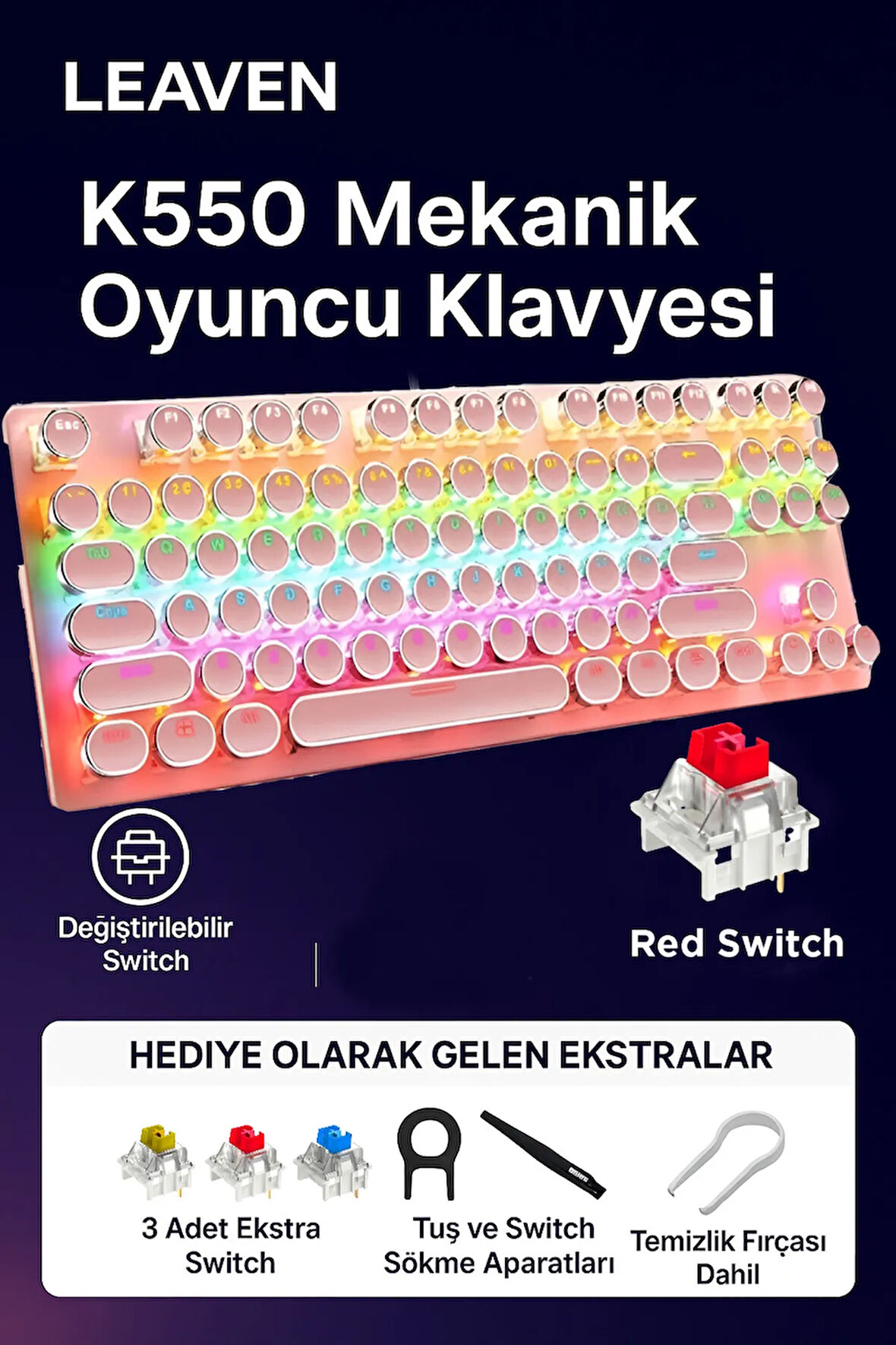K550 Red Switch Mekanik Oyuncu Klavyesi-hot-swap-rainbow Rgb-3 Adet Yedek Switch
