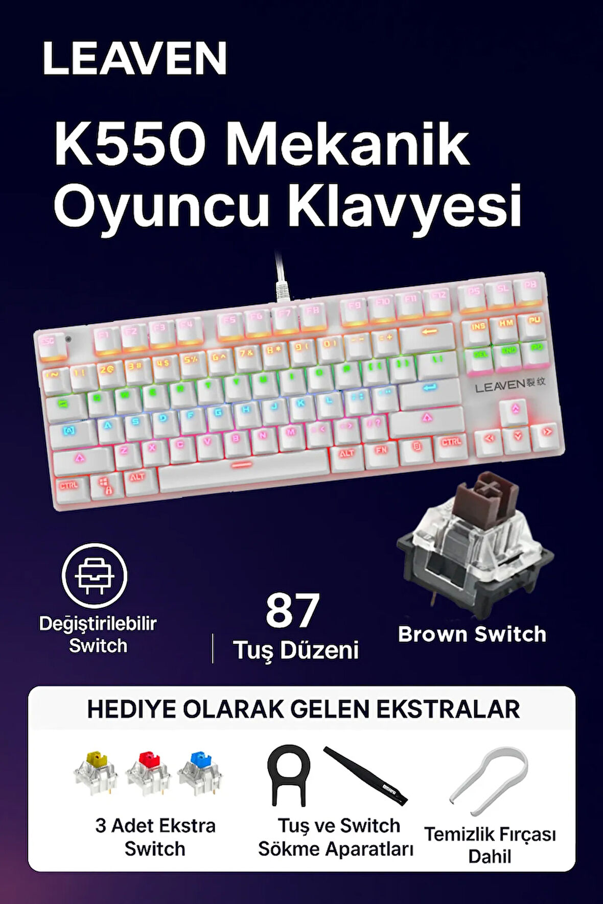 K550 Mekanik Oyuncu Klavyesi -Değiştirilebilir Switch- Rainbow RGB Aydınlatma-87 Tuş - Brown Switch