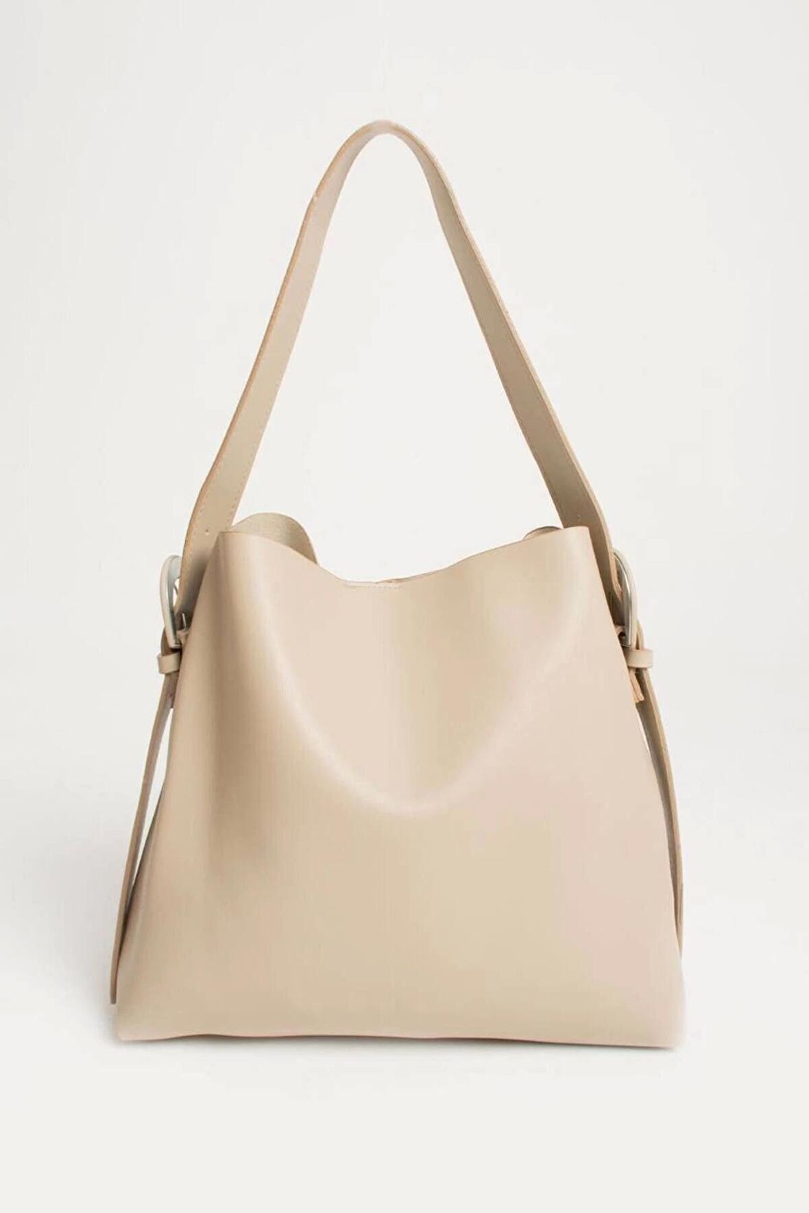 Nastroy Büyük Boy Kemer Detaylı Çıt Çıt Kapamalı Shopper Krem Cilt Trend Kadın Omuz Çantası