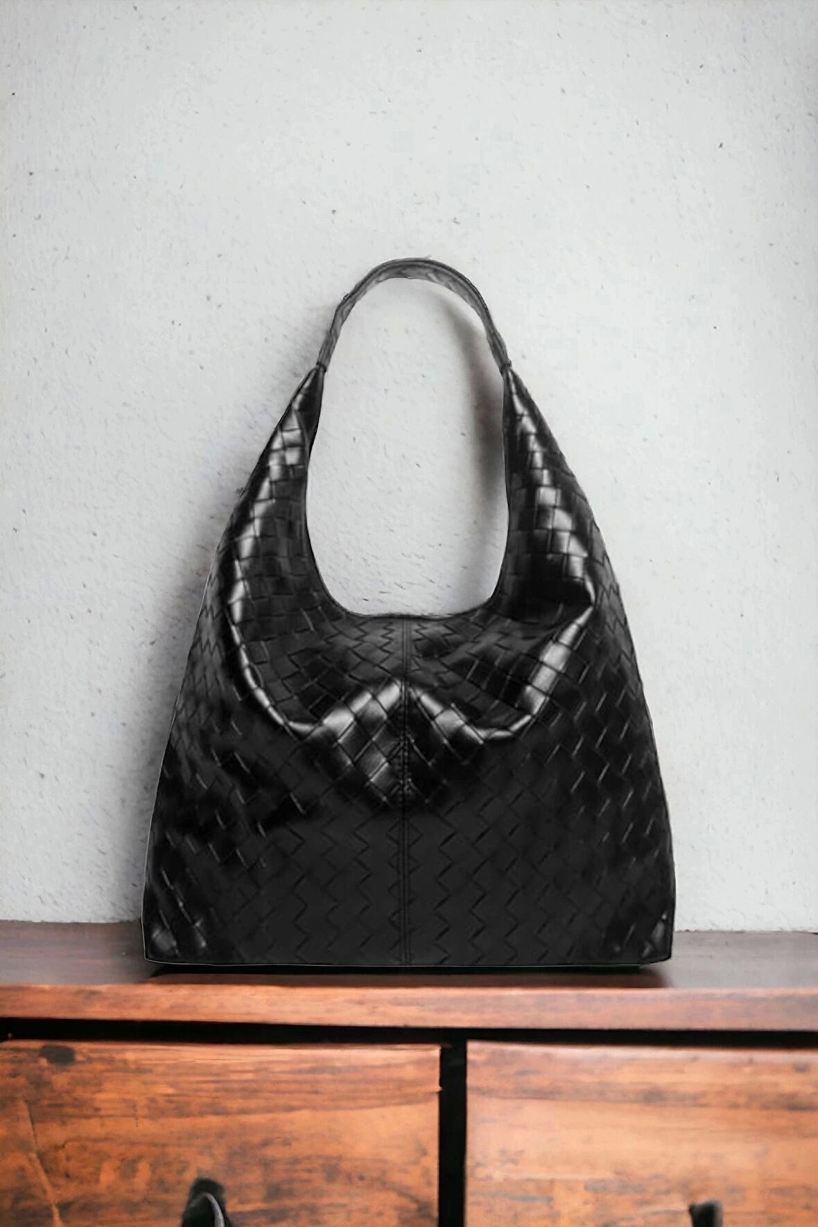 Liya Siyah Örgü Desen Shopper Kadın Omuz Çantası