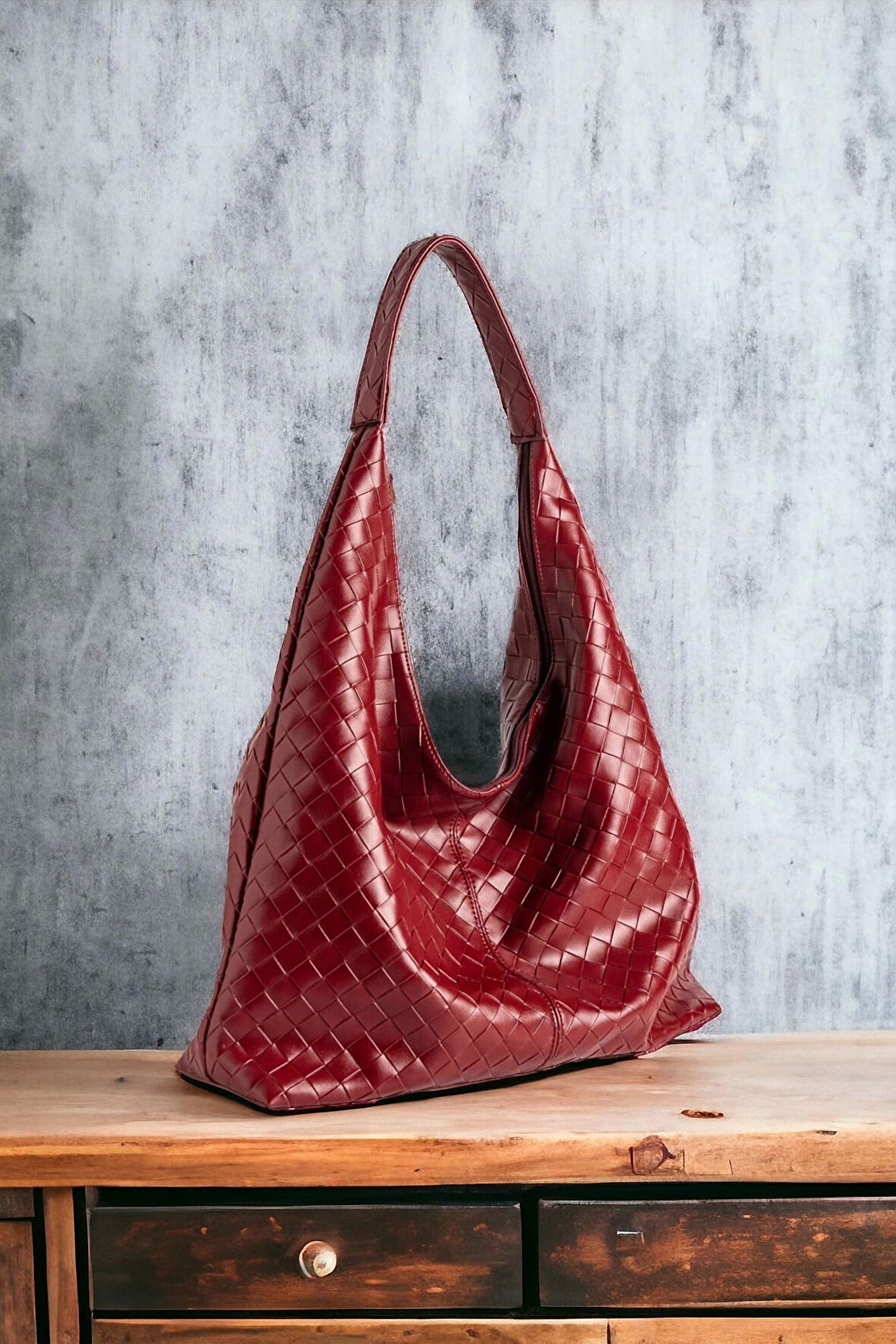 Liya Bordo Örgü Desen Shopper Kadın Omuz Çantası