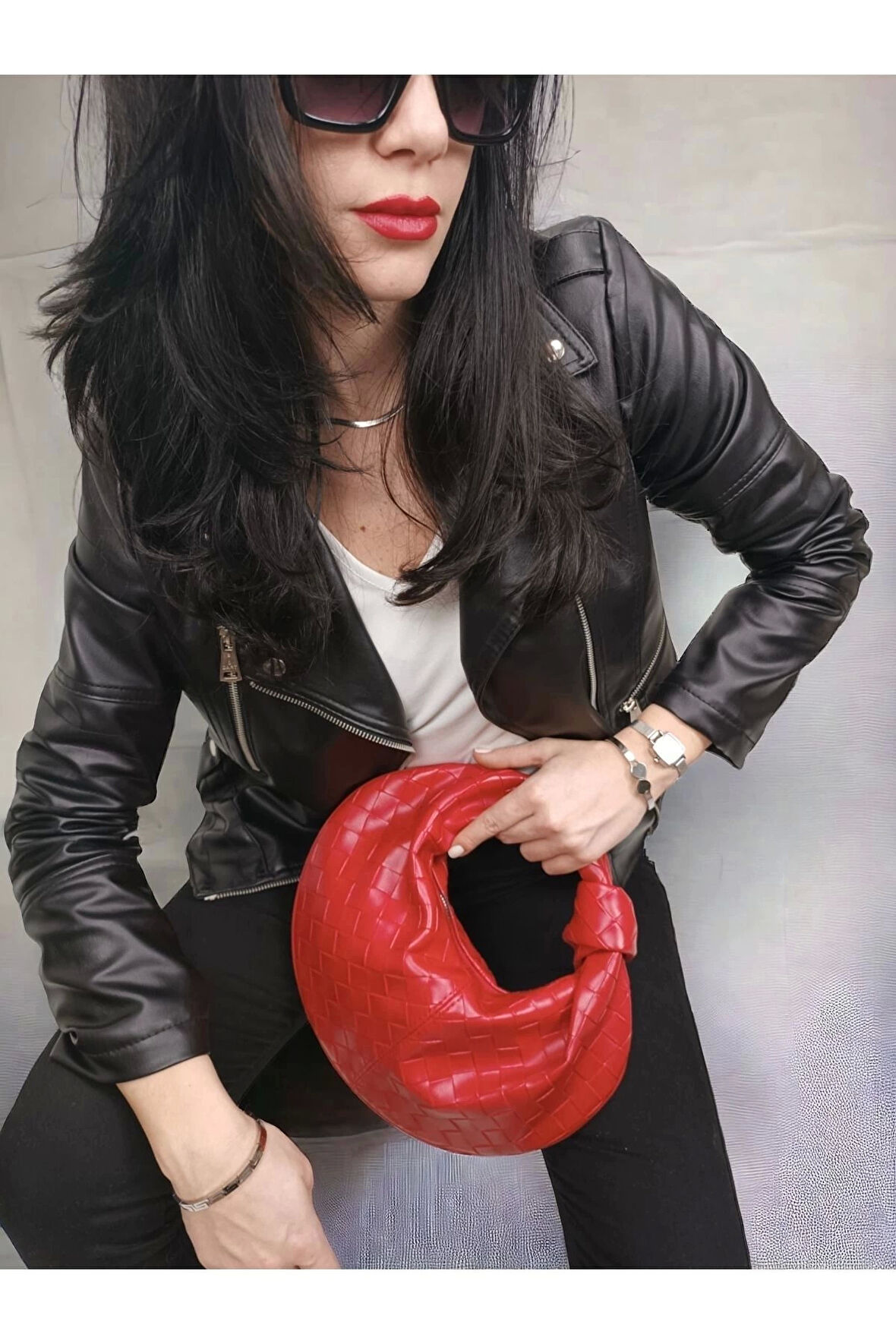 Helen Düğümlü Kırmızı Örgü Desen Trend Mini Bowl Bag