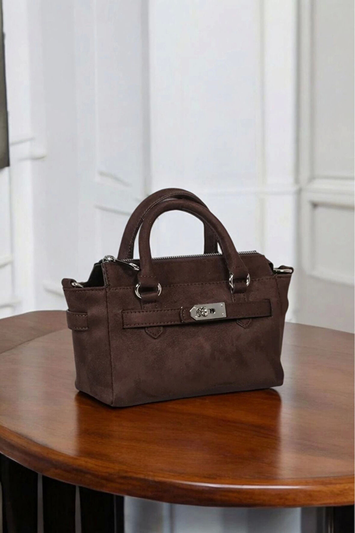 Harmony Acı Kahve Süet Önden Kilit Detaylı Mini Kadın El Kol Ve Omuz Çantası