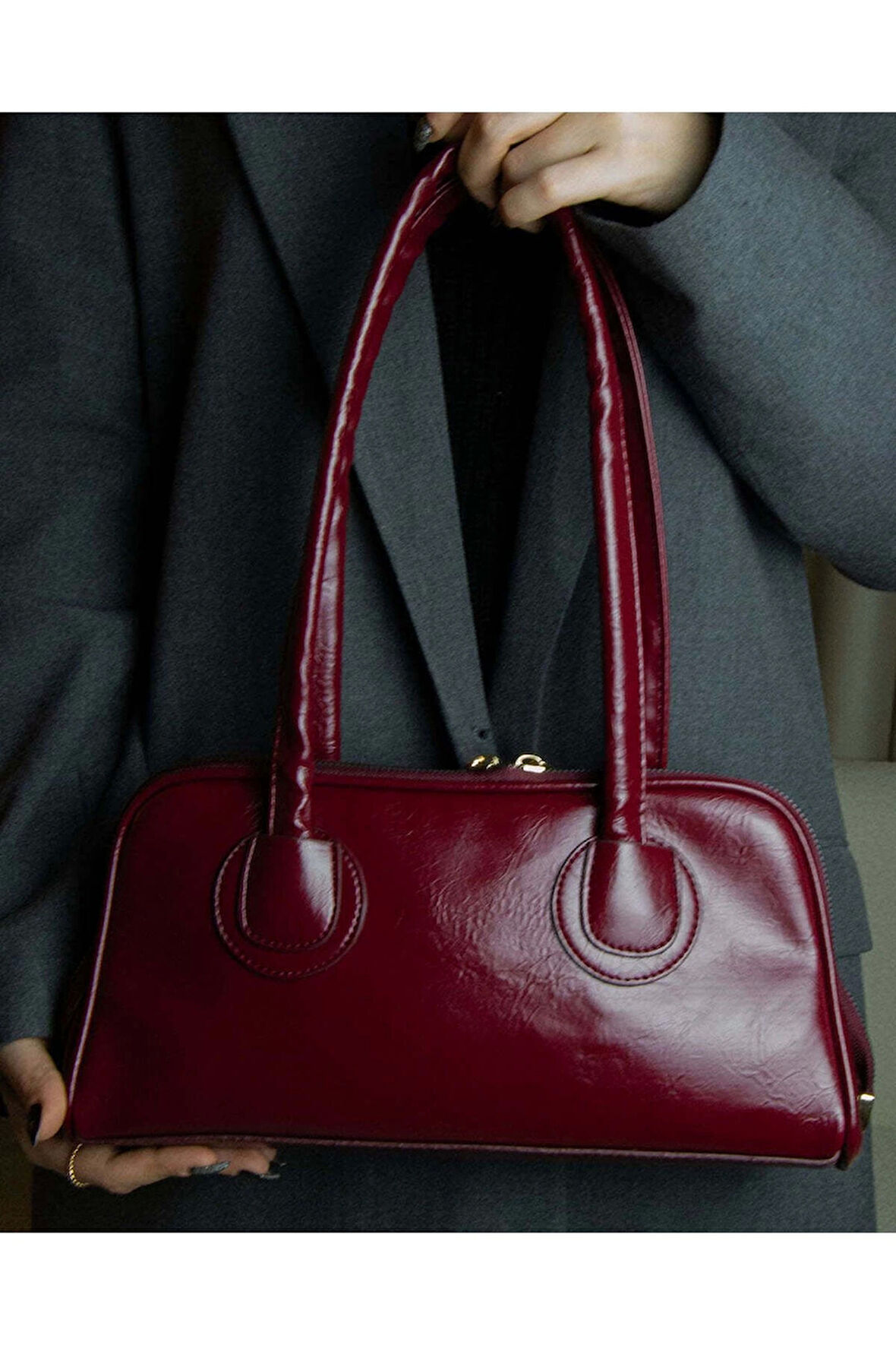 Henna Bordo Cilt Fermuar Kapama Pinterest Model Kadın Omuz Çantası