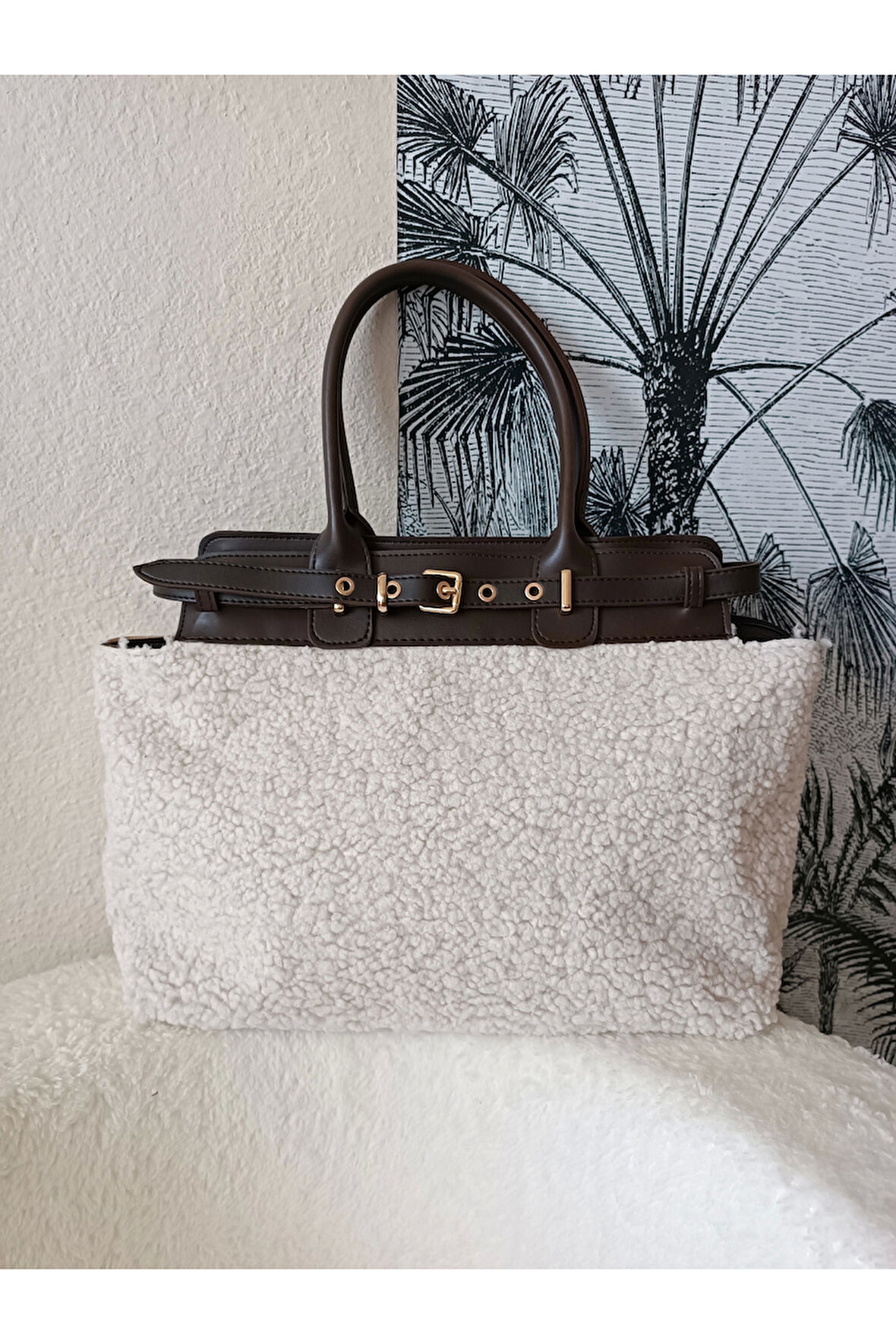 Hitit Kahve-Peluş Kemer Detaylı Fermuar Kapama Kadın Omuz Çantası
