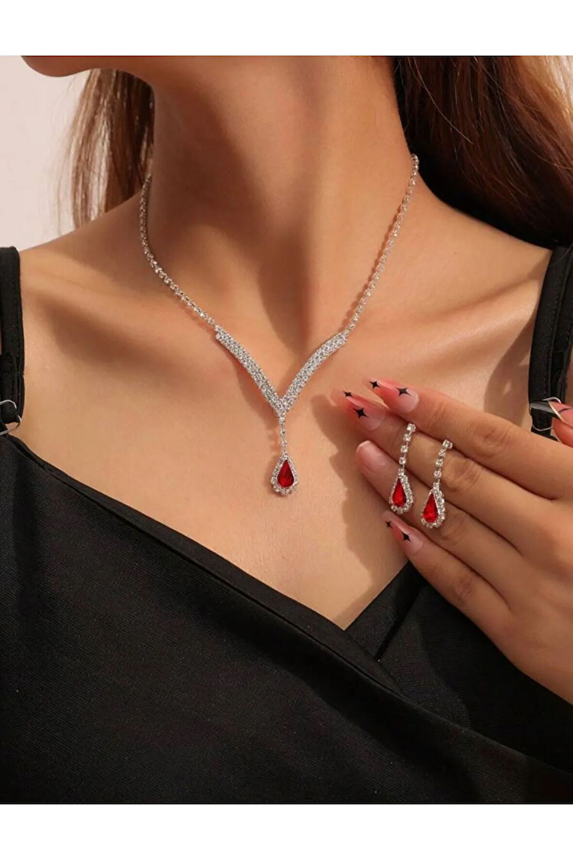 Red Kolye Küpe Ve Bileklik Seti 2'lü Set Davet Düğün Nişan Abiye