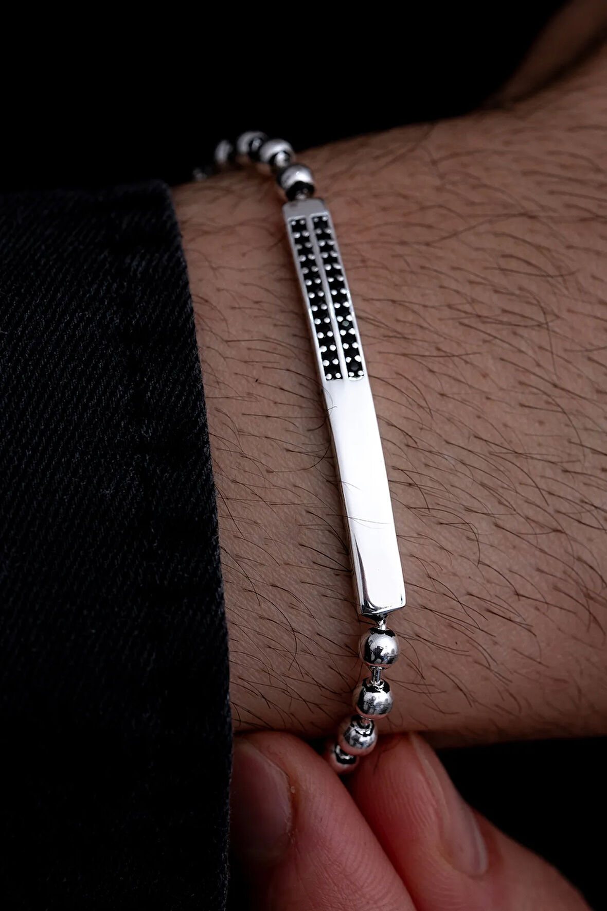 Erkek Gümüş Bileklik - Top Zincirli Siyah Zirkon Taşlı Blok Model Gümüş Bileklik