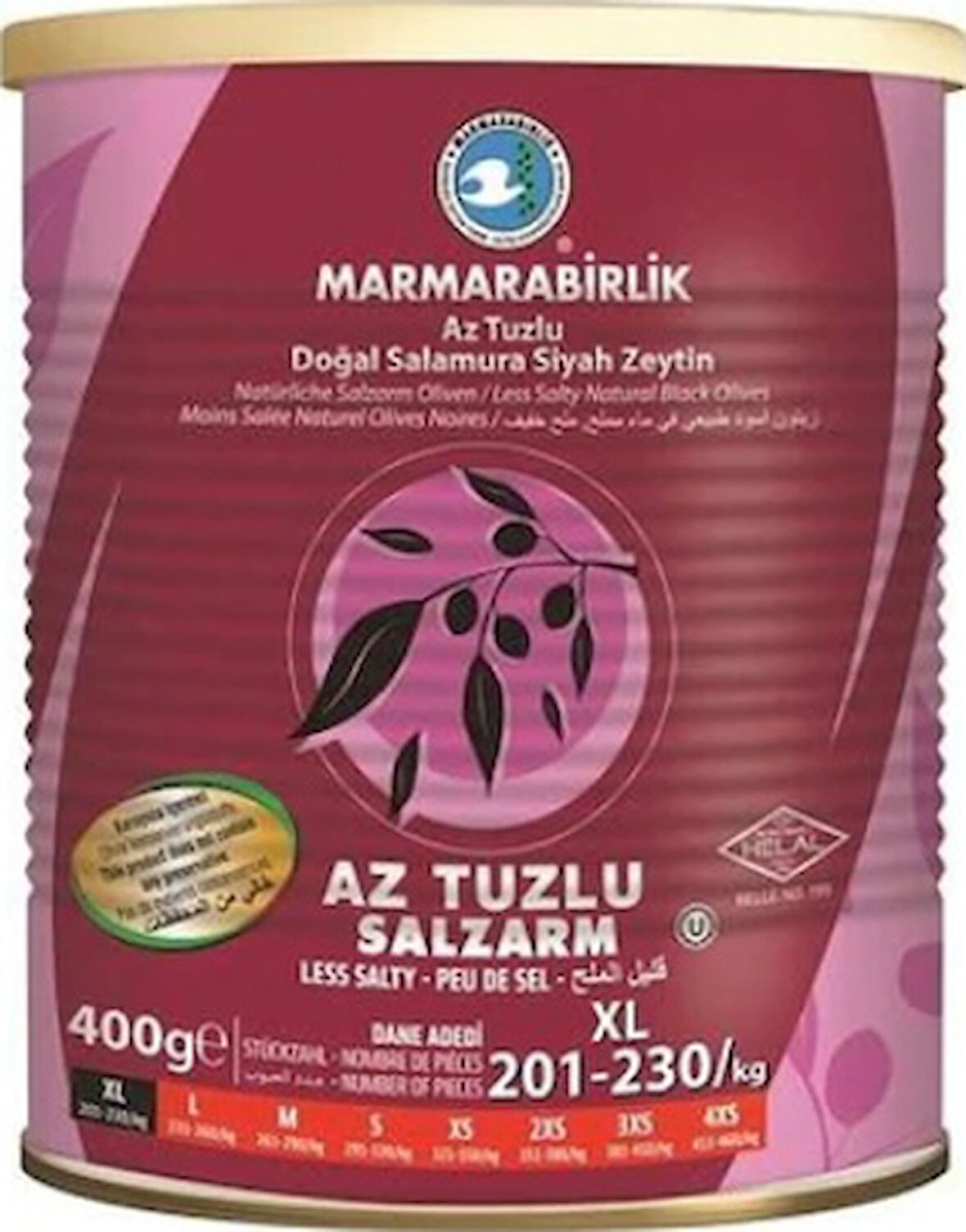 Marmarabirlik Az Tuzlu Salamura 201-230 KB XL Siyah Zeytin Teneke 400 G