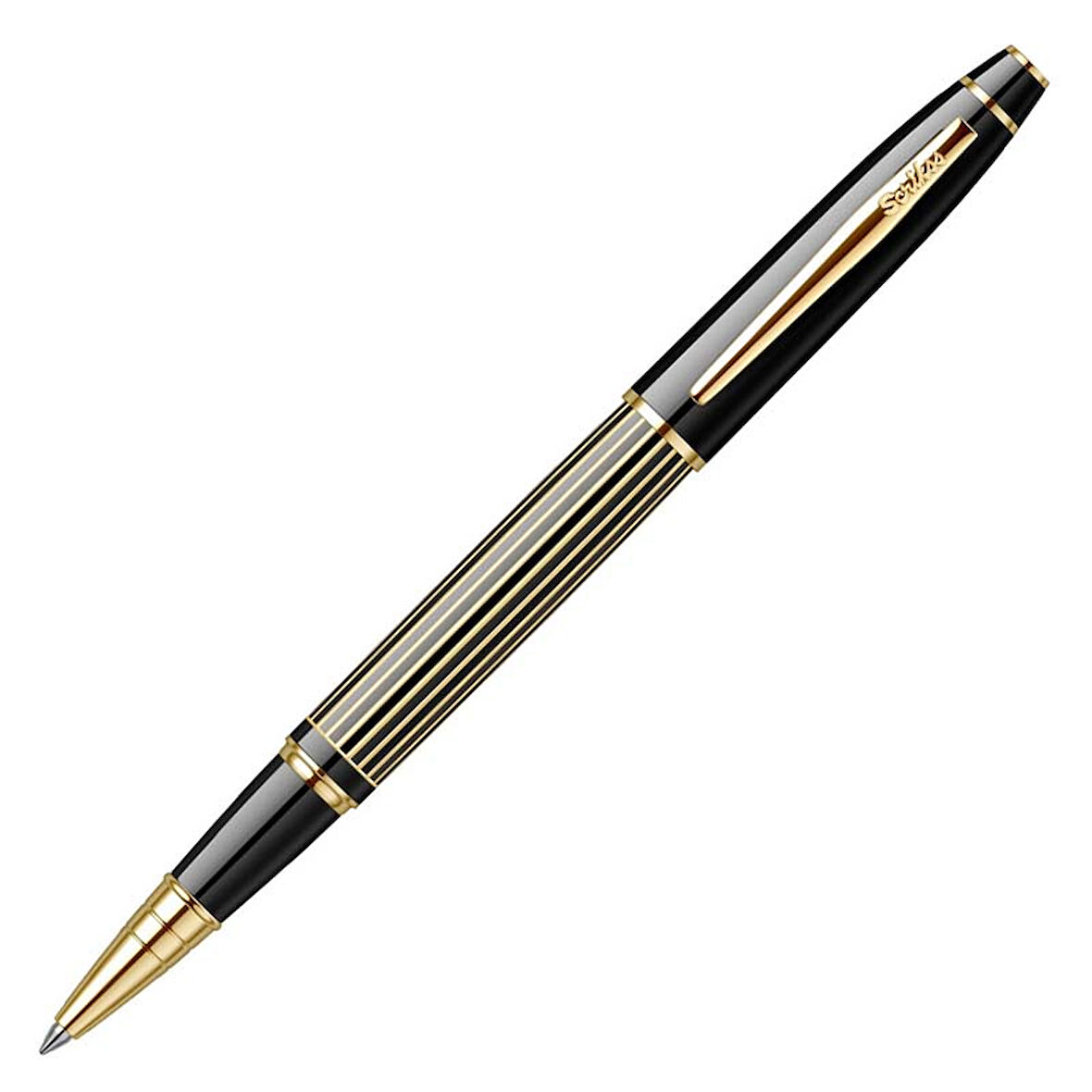 İsminize Özel Scrikss 35L Çizgi Desen Siyah Altın Roller Kalem Kutulu