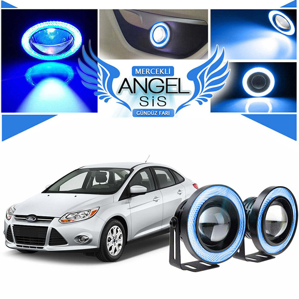 Ford Focus 3 Uyumlu, Universal Mercekli Led Angel Sis Farı, 76mm Buz Mavi Renk