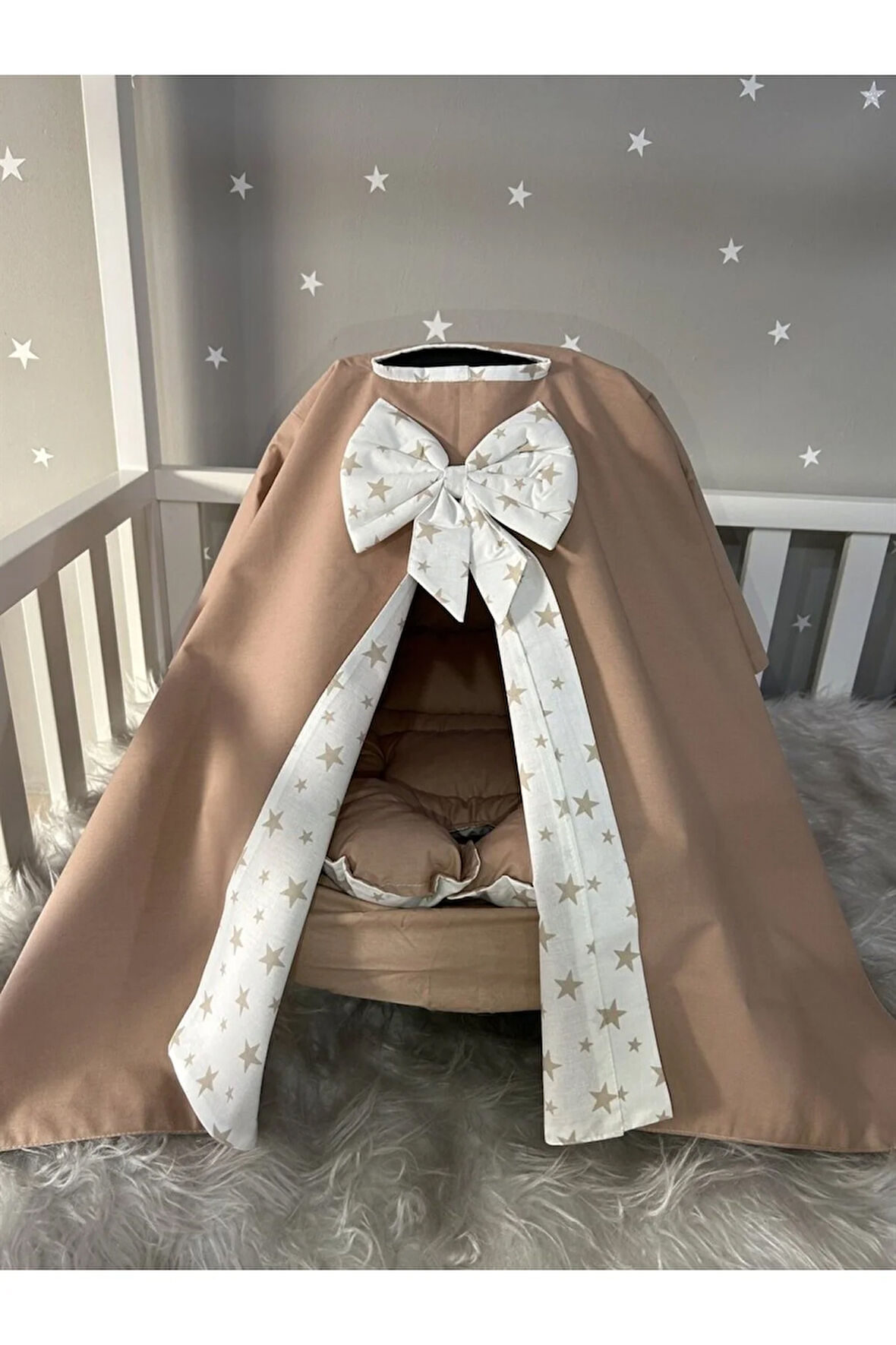 Kahve Yıldızlı Tasarım Panço Model Puset Örtüsü Ve Puset Minderi