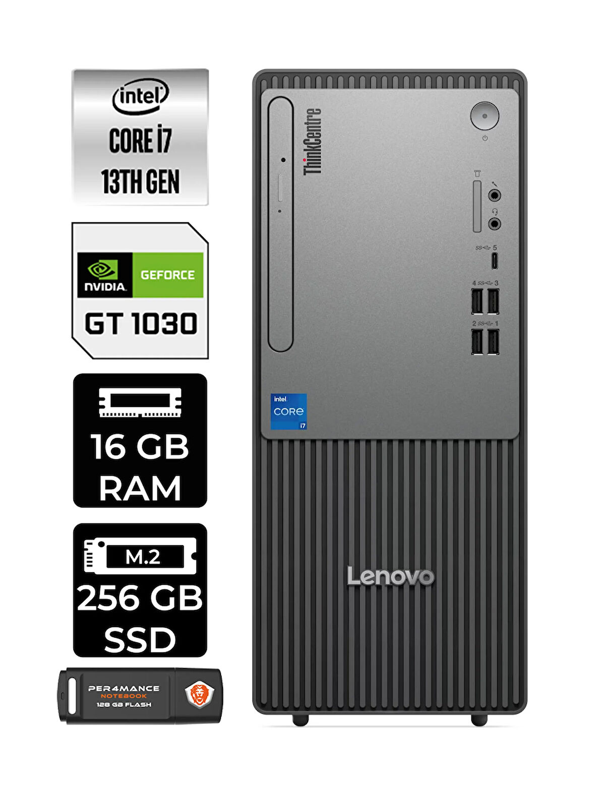 Lenovo ThinkCentre Neo 50T G5 i7 13700 16GB 256GB SSD GT1030/4GB W11H Masaüstü Bilgisayar &PER4 USB