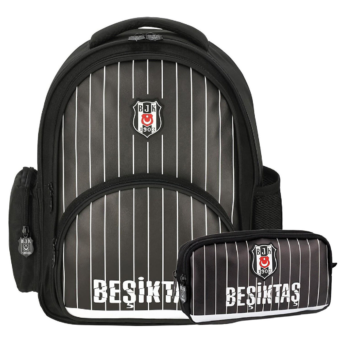 Beşiktaş 3 Bölmeli İnce Çubuklu Suni Deri Okul Çantası + Kalemlik