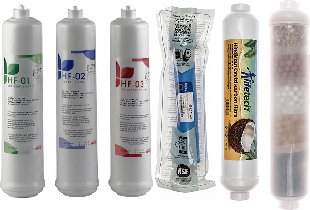 Sulook Kapalı Kasa Su Arıtma Cihazlarına Uyumlu Üstten Çift Çubuklu Inlıne 6'lı Filtre Seti, 10 Aşamalı Lg Membranlı