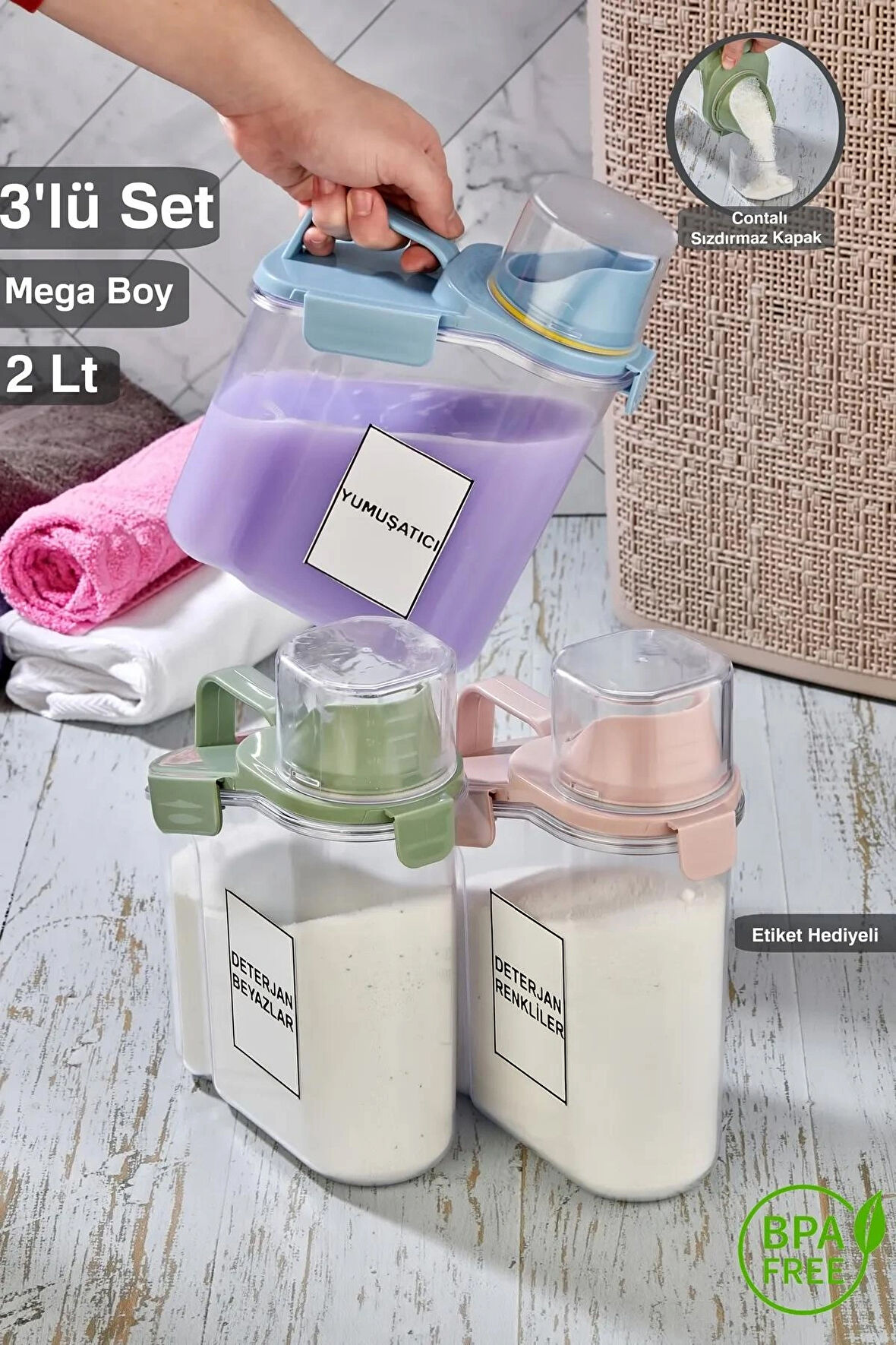 3'lü Kapaklı Sıvı Toz Deterjan Saklama Kabı Banyo Organizer Çok Amaçlı Saklama Kutusu 2 Lt
