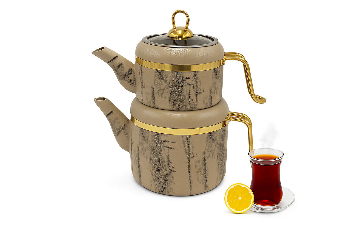 SARA Vintage Series Emaye Çaydanlık Takımı - Altın Detay Saplı Isıya Dayanıklı