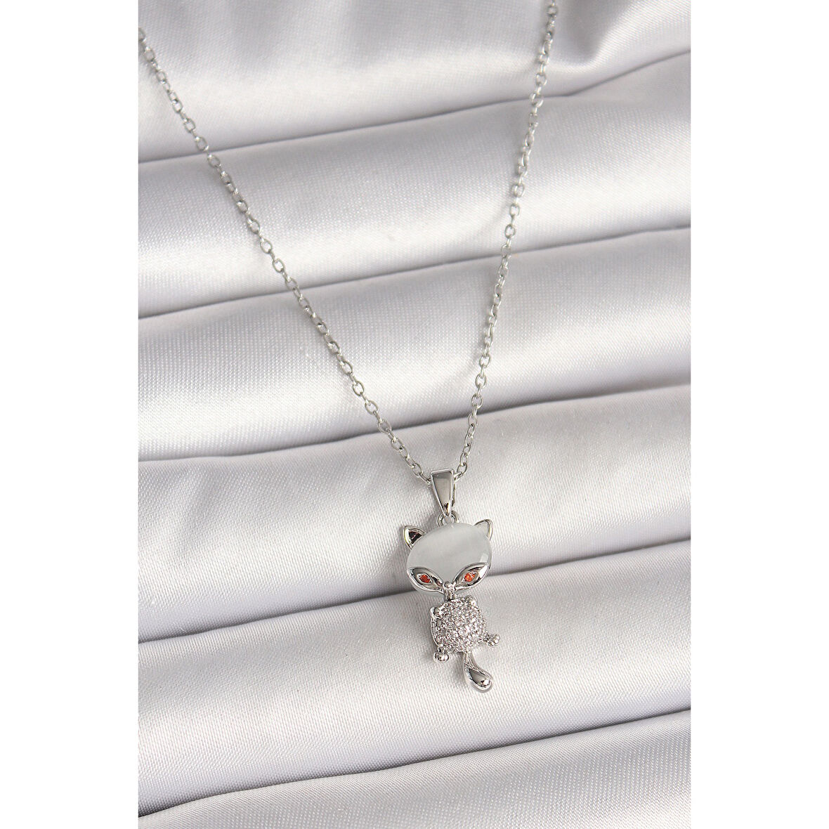316L Çelik Gümüş Renk Zincir Zirkon Taşlı Kedi Model Kadın Kolye