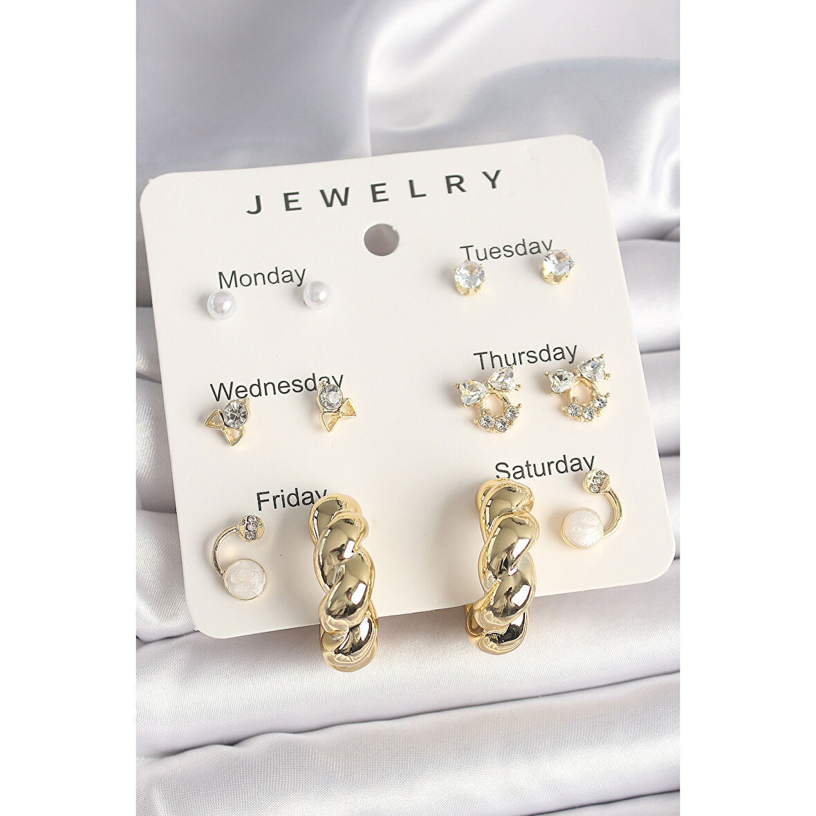 Pirinç Gold Renk Zirkon Taşlı Sarmal Halka Model 7'Li Kadın Küpe Seti