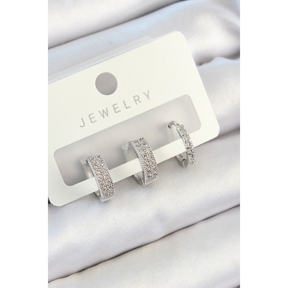 Pirinç Zirkon Taşlı Halka Model Gümüş Renk 3'lü Çift Kadın Küpe Set