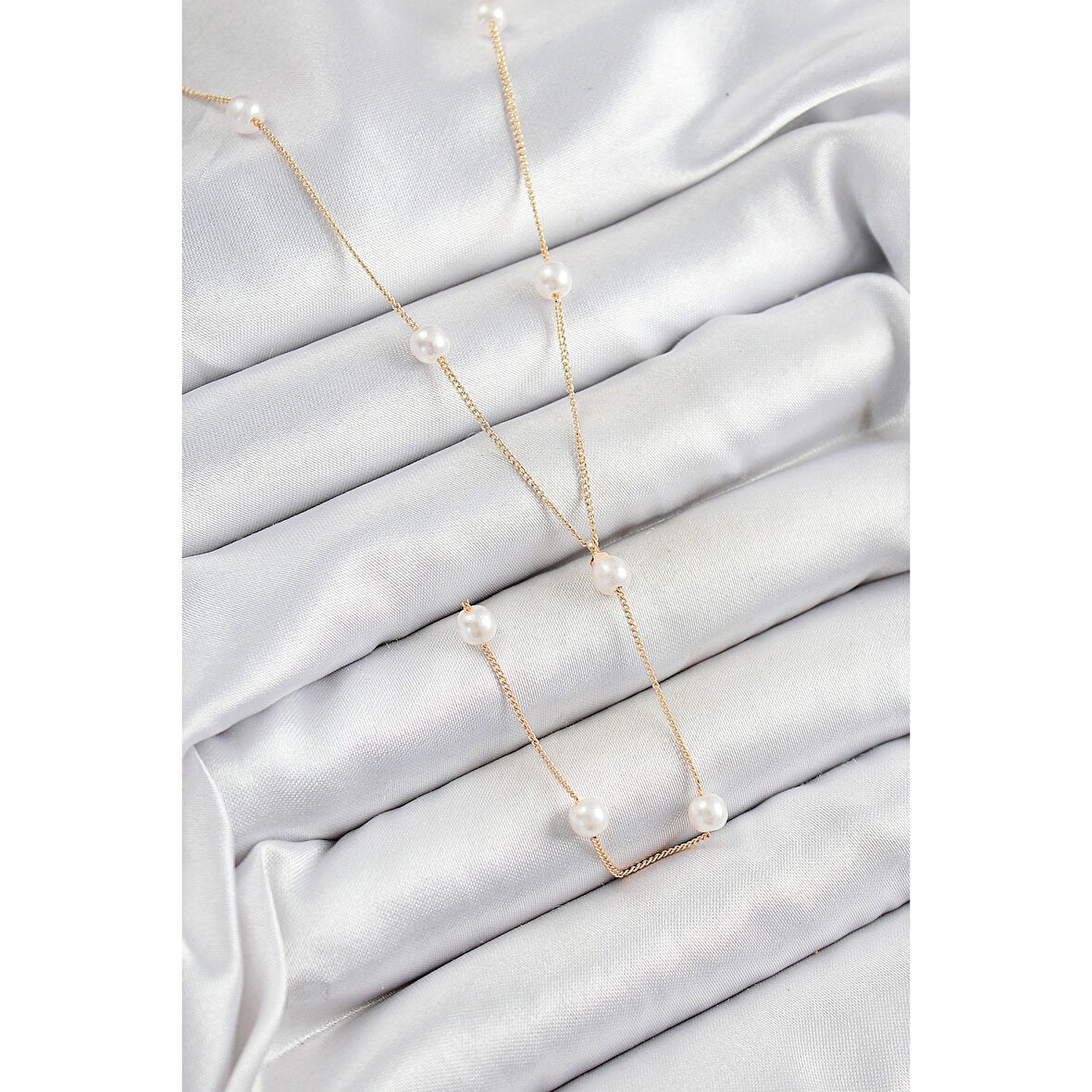 316L Çelik İnci Figürlü Y Model Gold Renk Kadın Kolye