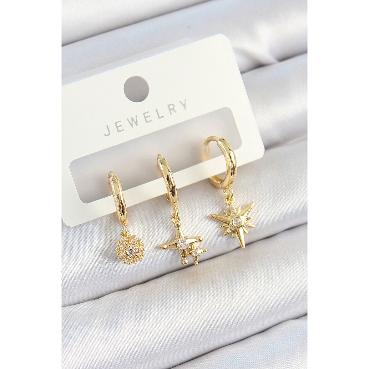 Pirinç Zirkon Taşlı Yıldız Model Gold Renk 3'lü Çift Kadın Küpe Set