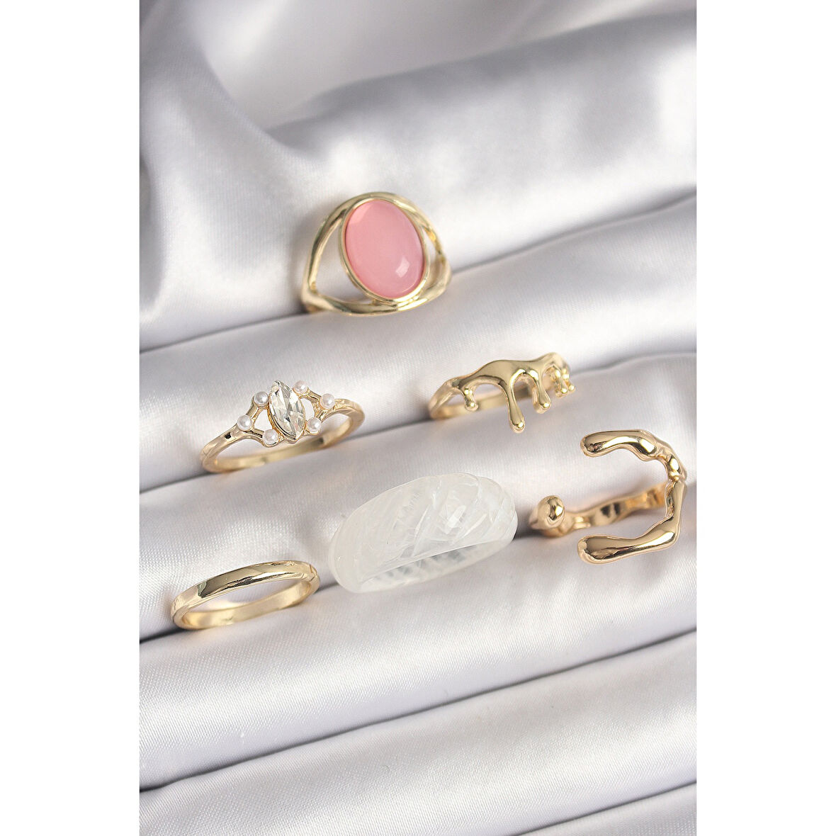 Pirinç Gold Renk Zirkon Taş Detaylı Pembe Mineli 6'Lı Kadın Yüzük Seti