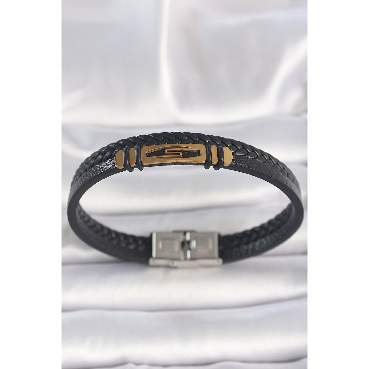 316L Çelik Gold Renk Aksesuarlı Çift Sıra Siyah Burgu Desenli Deri Kordon Erkek Bileklik