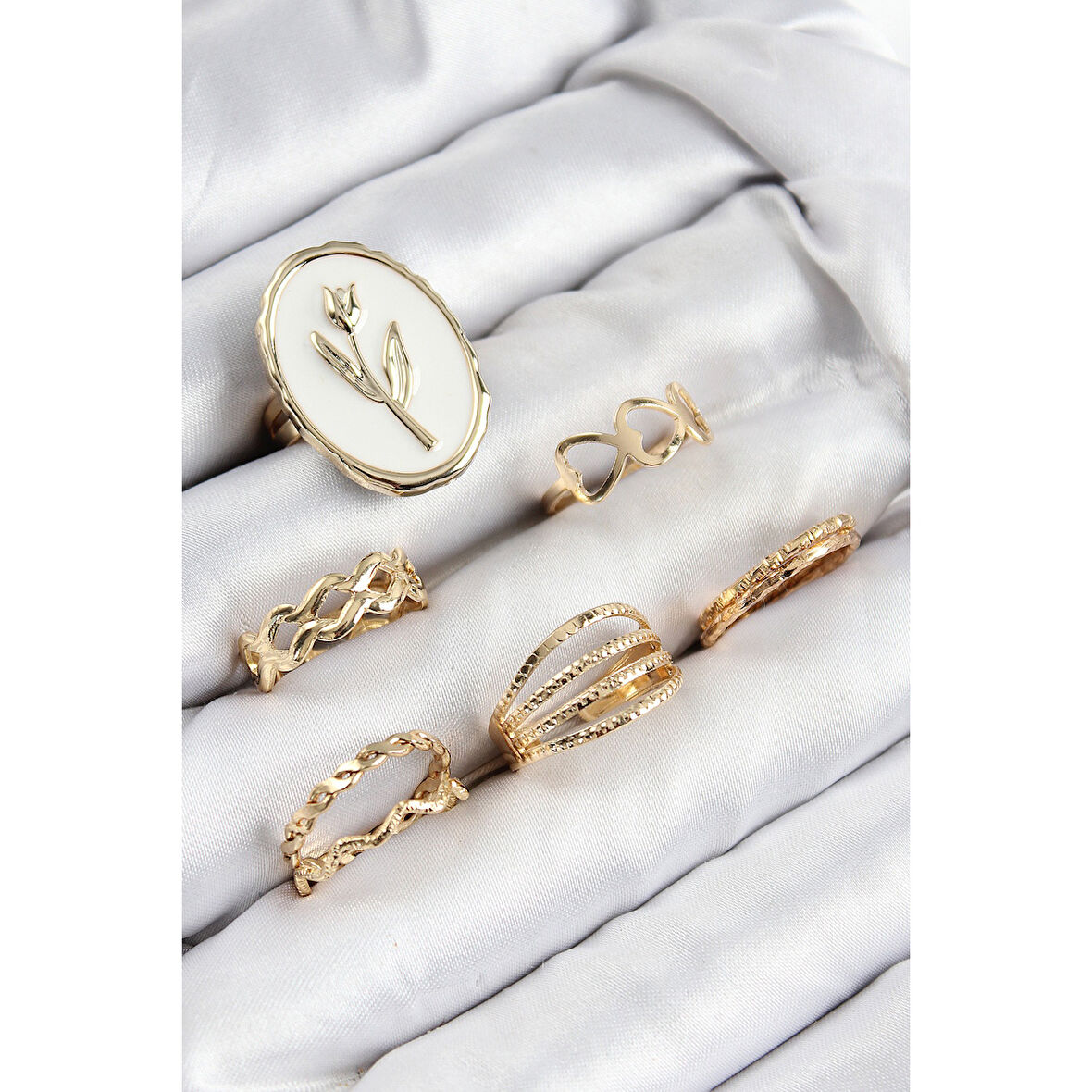 Pirinç Zirkon Taşlı Lale Model Gold Renk Kadın Yüzük Kombin Set