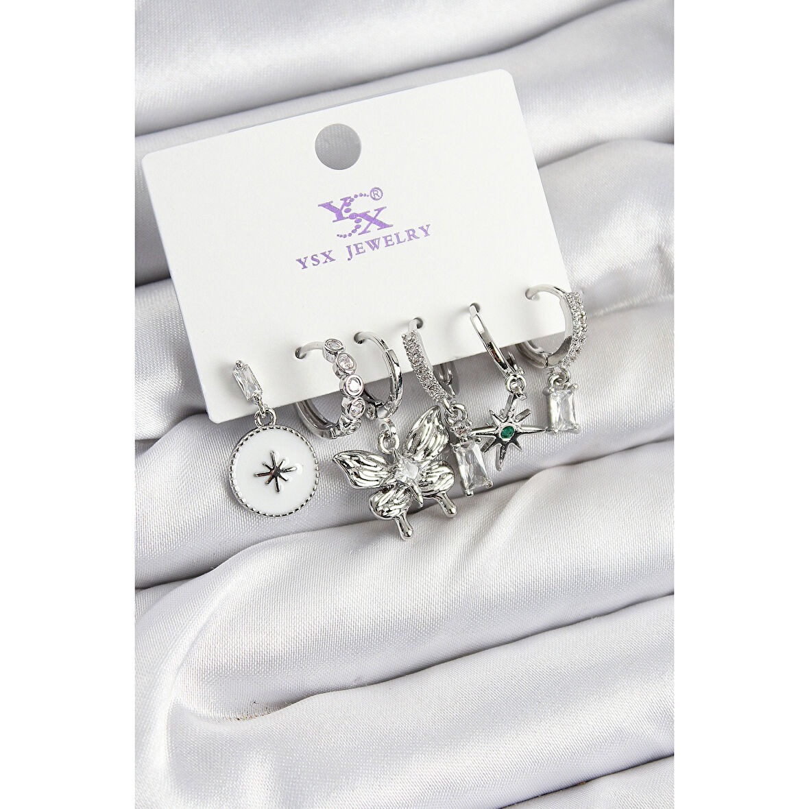 Pirinç Zİrkon Taşlı Kelebek ve Yıldız Model Gümüş Renk 3'lü Çift Kadın Küpe