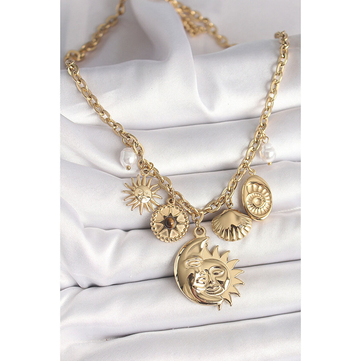 316L Çelik Gold Renk Ay Güneş Figür Deniz Kabuğu Detay Kadın Kolye