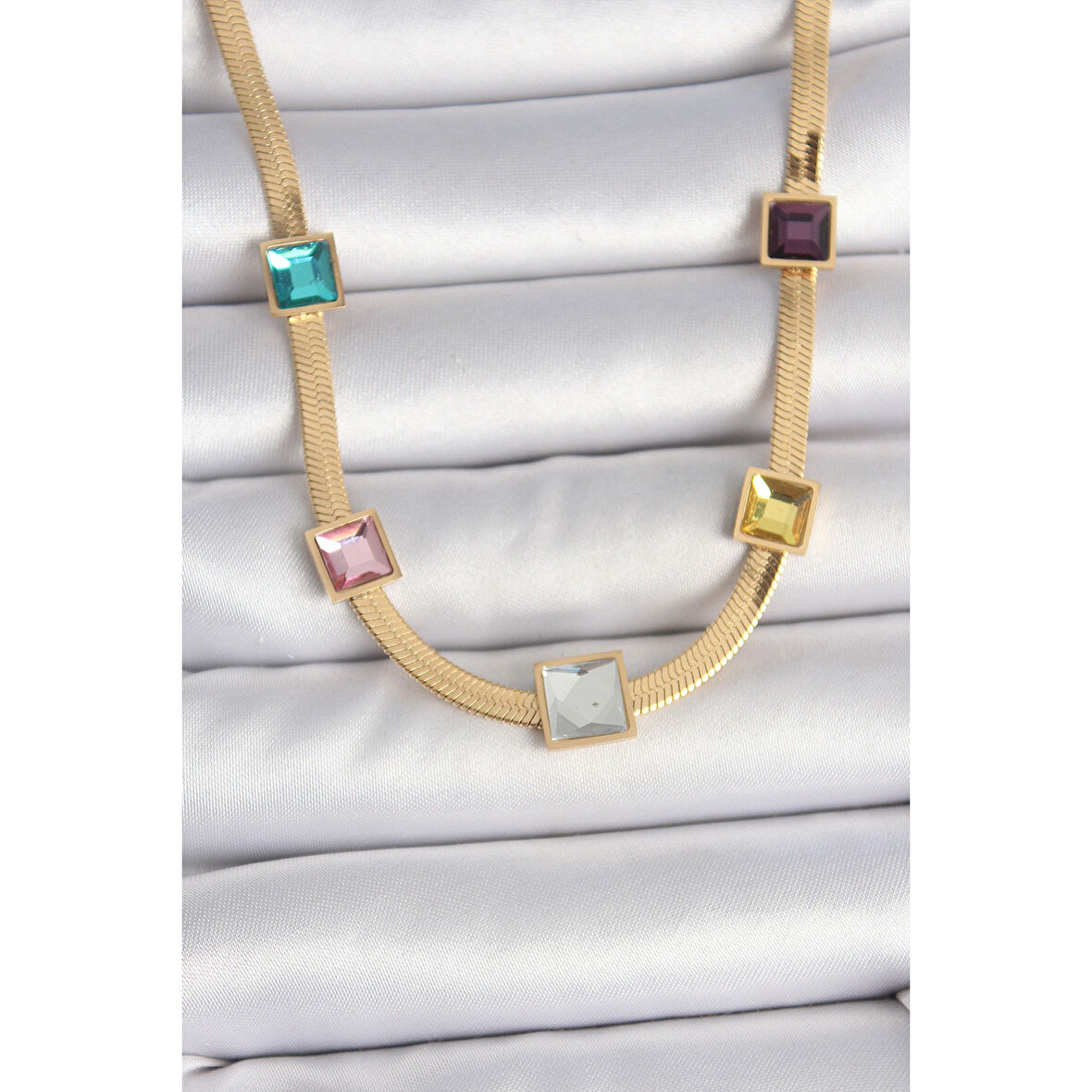 316L Çelik Gold Renk İtalyan Zincir Model Kare Renkli Zirkon Taşlı Kadın Kolye