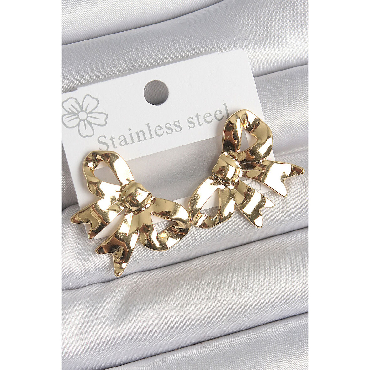 316 Çelik Gold Renk Kurdele Plaka Model Kadın Küpe