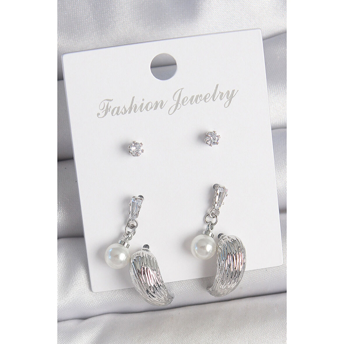 Pirinç Gümüş Renk Sallantılı Zirkon Taşlı Damla Model 3 Çift Kadın Küpe Seti