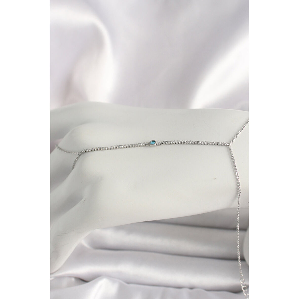 Pirinç Gümüş Renk Su Yolu Zirkon Taşlı Mavi Taş Detaylı Kadın Şahmeran