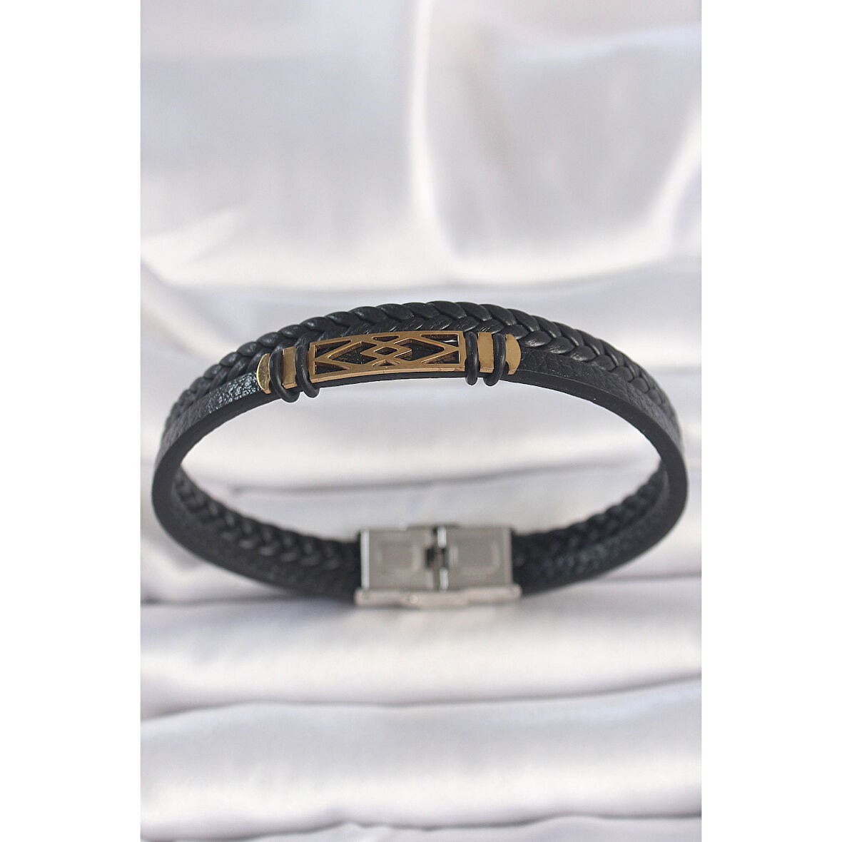 316L Çelik Gold Renk Aksesuarlı Çift Sıra Siyah Burgu Desenli Deri Kordon Erkek Bileklik