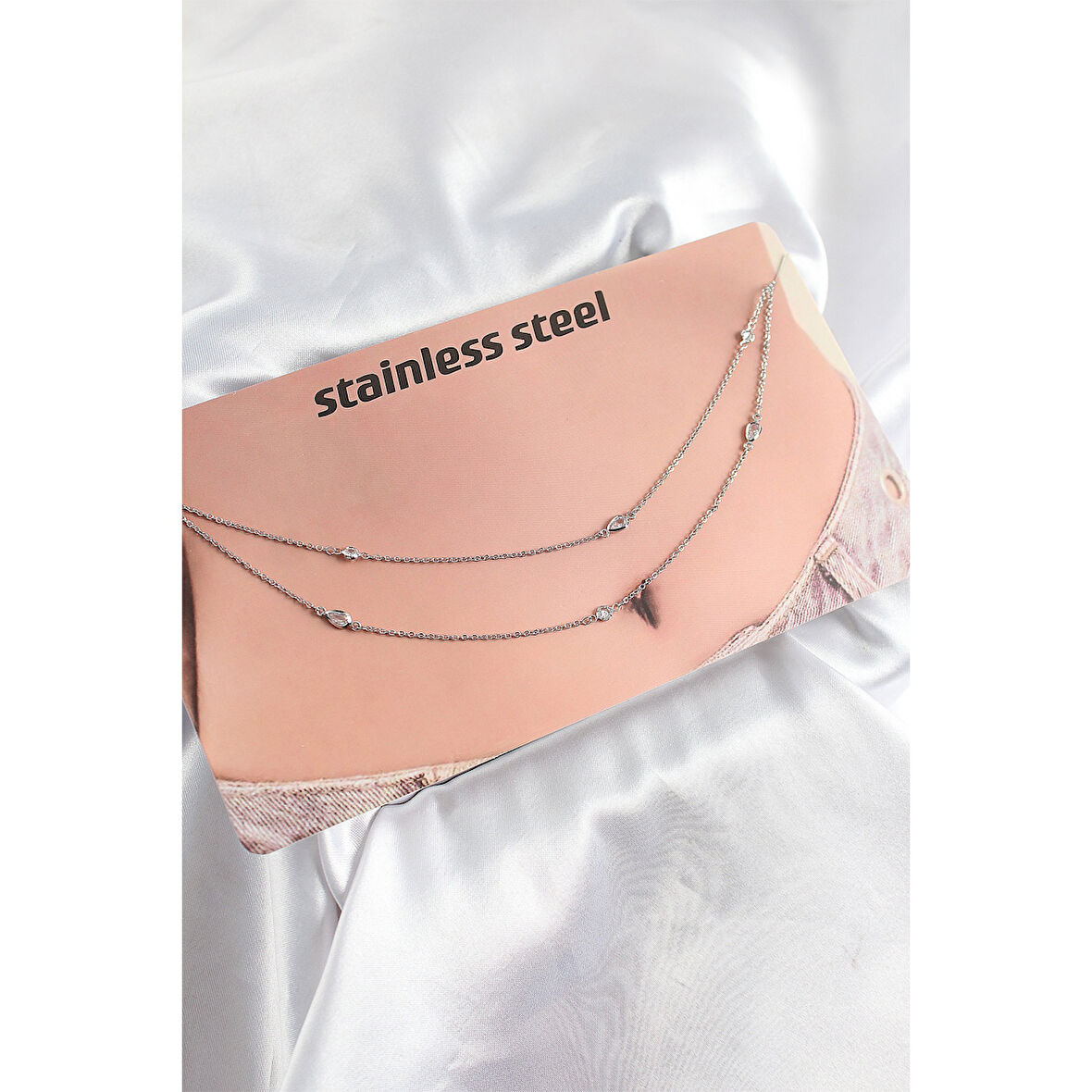 316L Çelik Zirkon Taşlı Damla Model Gümüş Renk Göbek Zinciri