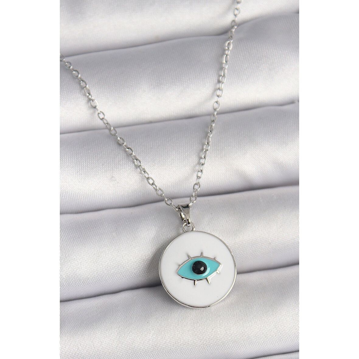 316L Çelik Gümüş Renk Zincir Beyaz Mineli Turkuaz Göz İşleme Model Kadın Kolye